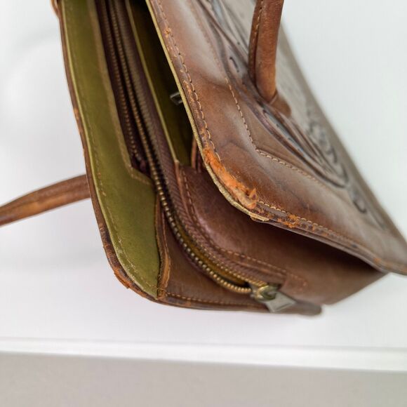 Vintage Brown Leather Hand Tooled Mexican Bag Purse with Duck Pond Scene - Picture 6 of 16